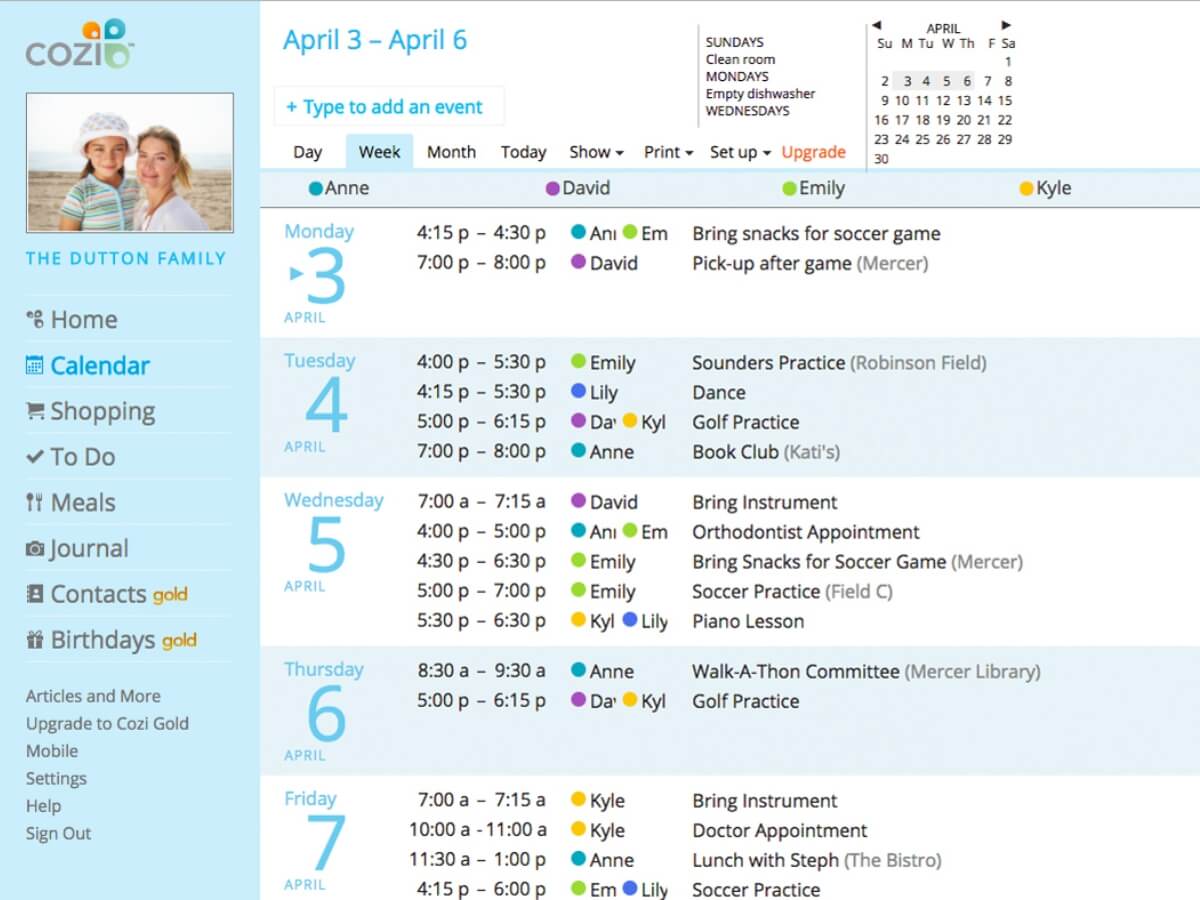 Online kalendář rodinných aktivit Cozi.