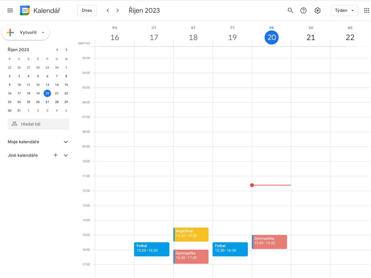 Aktivity zapsané v online kalendáři Google.